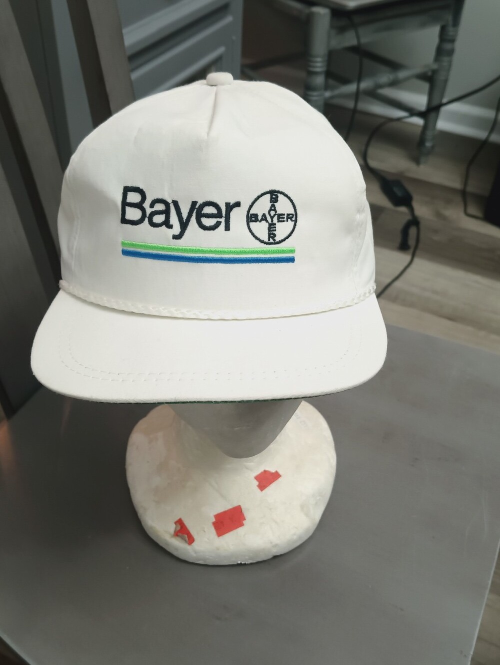 Men's Vintage Bayer Made In USA White Logo Cap - White with Blue & Green Stripe